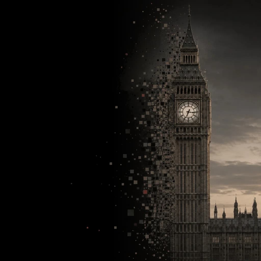 The Elizabeth Tower at dusk, dissolving into pixels on the left — heritage resolving into systems.