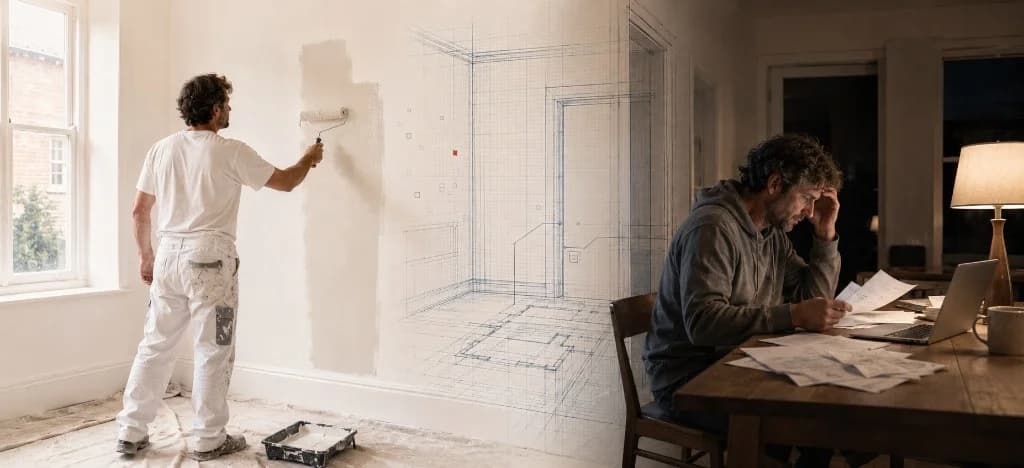 A painter rolling a wall in daylight, the room becoming a blueprint, then the same person at a desk at night with papers and a laptop.